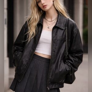 Vintage Genuine Leather Black Bomber Style Jacket Proshield Unisex Oversized